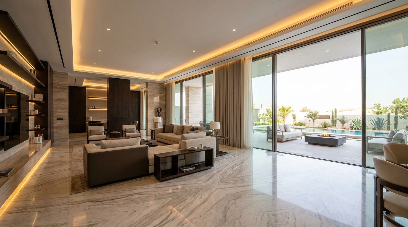 Outdoor majlis, pool, pergola, and landscape renovation planning for a Dubai villa