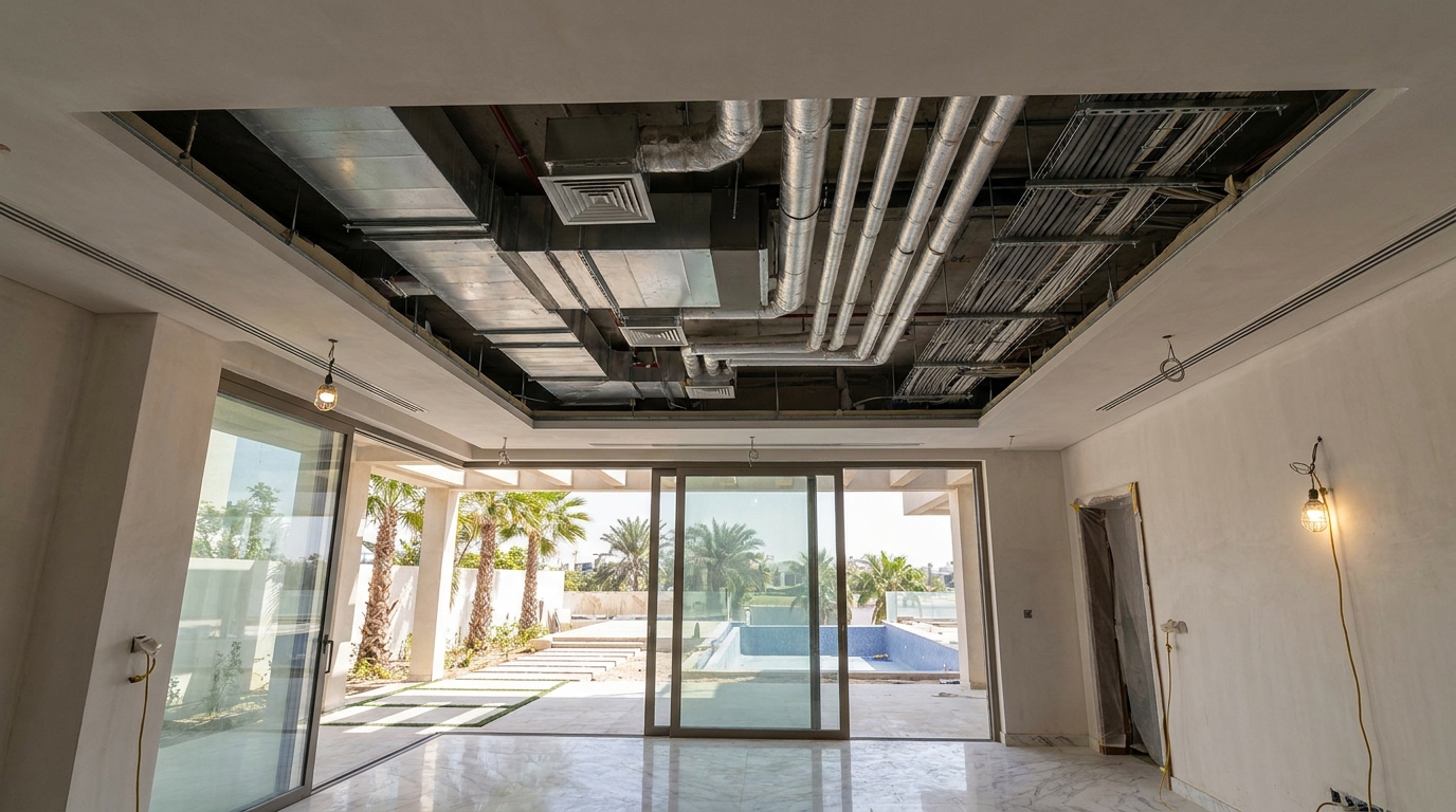Outdoor Dubai villa renovation coordination with services, lighting routes, pool equipment, and finish transitions