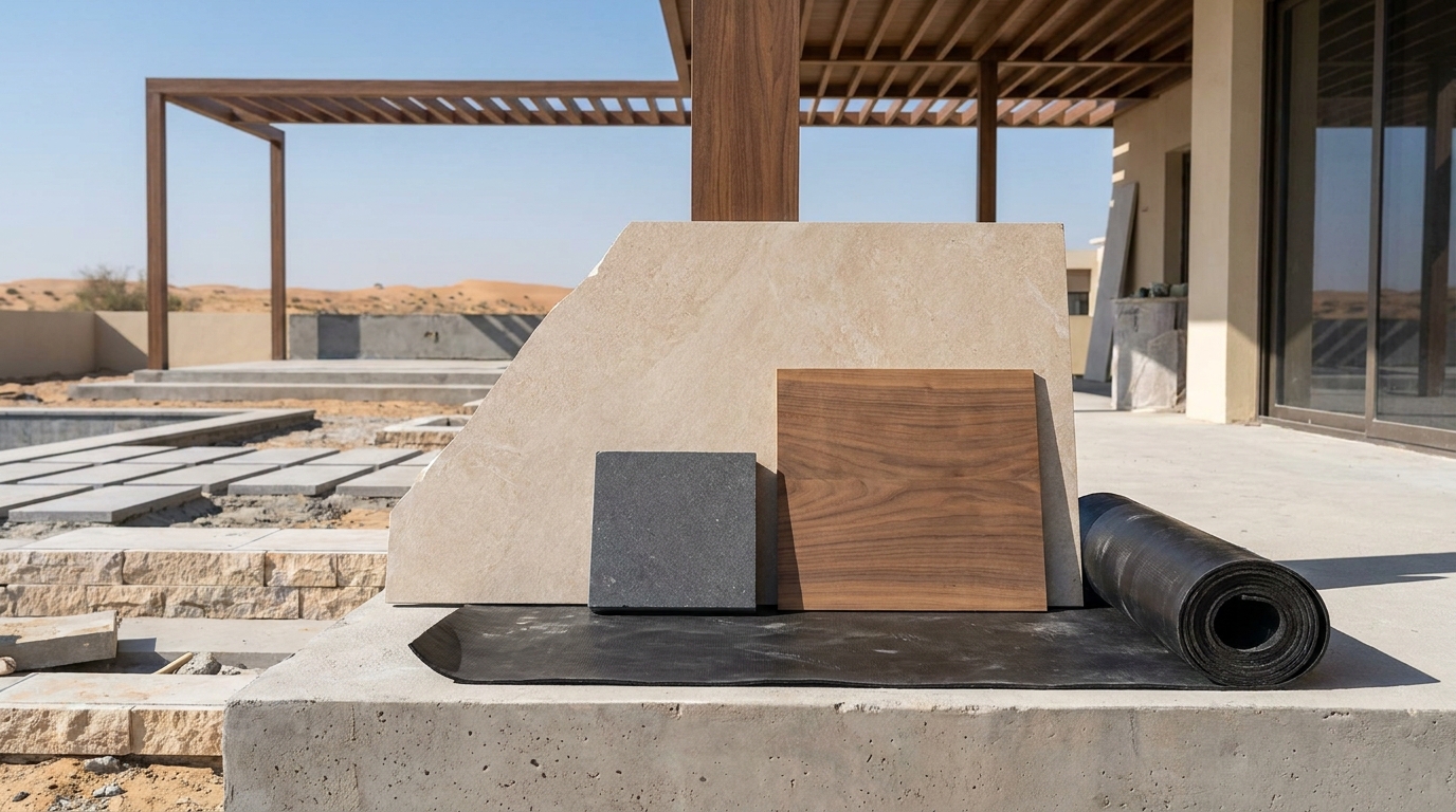 Exterior villa renovation materials coordinated for pergolas, pool areas, outdoor kitchens, and landscape interfaces